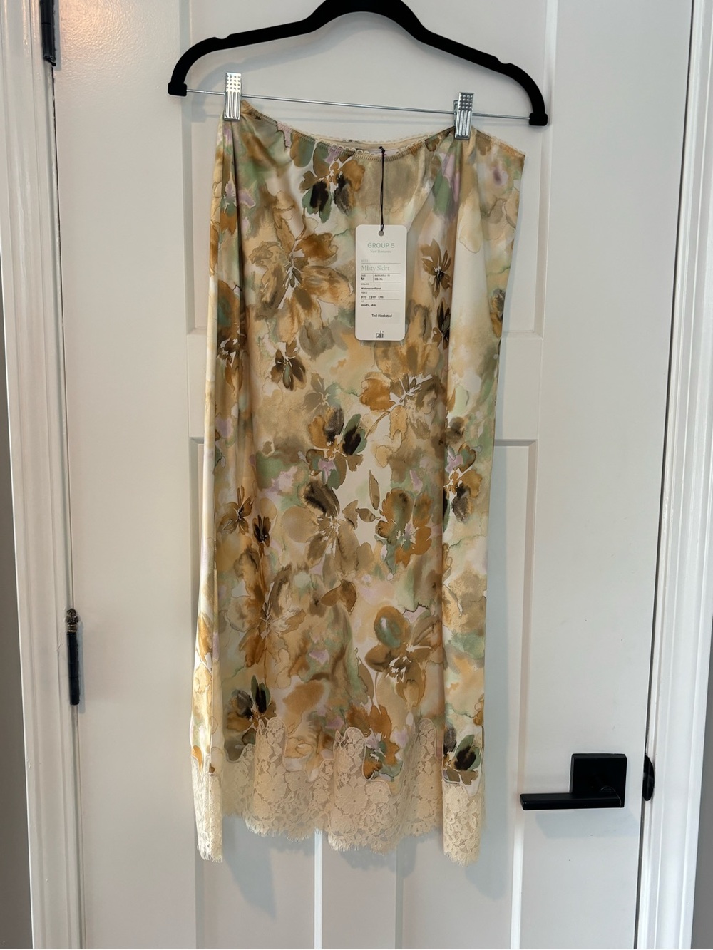 CAbi Floral Satin Midi Skirt in Cream, Gold, and Sage 6930 Misty Skirt